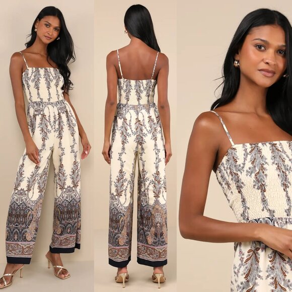 NEW Lulus Charming Attitude Ivory Paisley Smocked Wide leg Jumpsuit 37634 - Picture 1 of 15